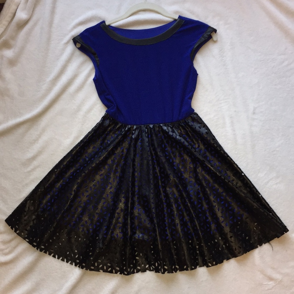 Un deux trios blue and pleather skater dress